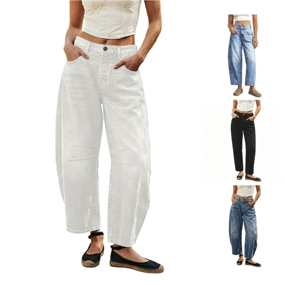 Ticikt Women’s Washed Barrel Jeans, Loose Wide Leg Curved Denim Pants with Pockets,White