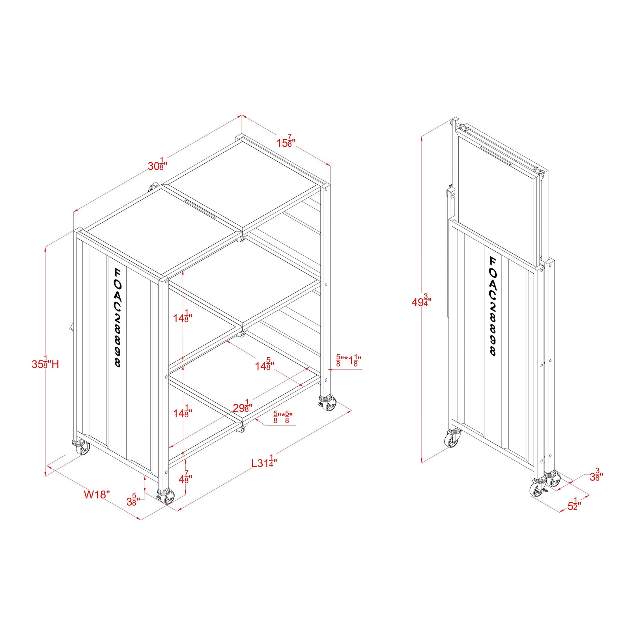 Furniture of America Maxima Metal Folding Bookcase with Wheels, Black