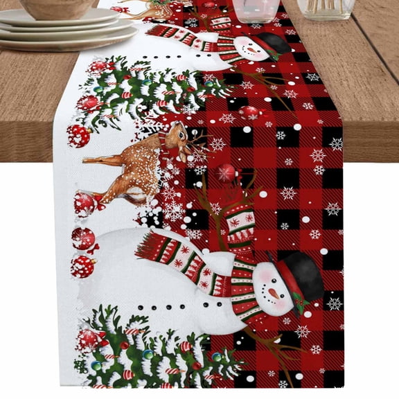 nqOlkjepod Red Plaid Christmas Table Runner 60 Inches Long Farmhouse Dress Scarves, Snowman Snowflake Xmas Tree Ball Elk Dining Tablerunner for Coffee Table/Kitchen Island/Party Décor, 13" x 60"
