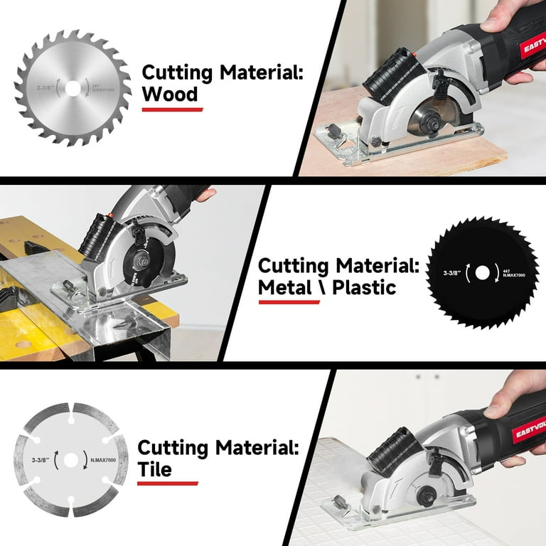 Eastvolt Mini Circular Saw 5000RPM Compact Circular Saw with Laser Guide scale ruler 3 Blades for Cutting Woods Plastics Tile and Soft Metal
