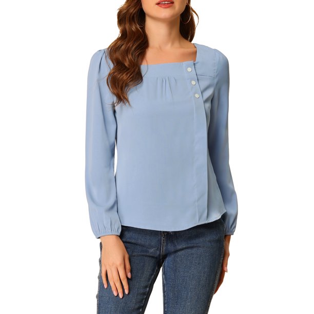 Blusa de manga larga sólida de cuello cuadrado para mujer INSPIRE CHIC, casual, para trabajo y fin de semana, XS, azul grisáceo