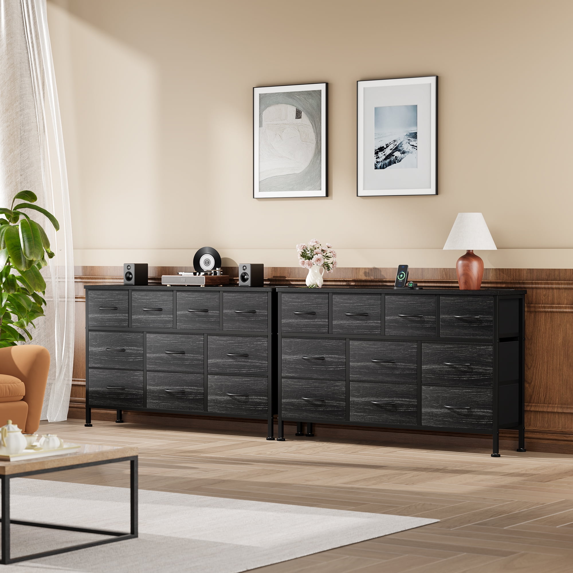 GIKPAL Dresser TV Stand, 10 Drawer Dressers for Bedroom with Power Outlet, Chest of Drawers for 55" Long TV, Fabric Dresser for Storage and Organization, Black