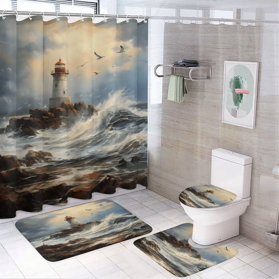Lighthouse Sunrise Coast Scenery Pale Blue Tan 4PCS Shower Curtain Sets with Rugs with Non-Slip Bath Mat Toilet Rug，72" X 72"