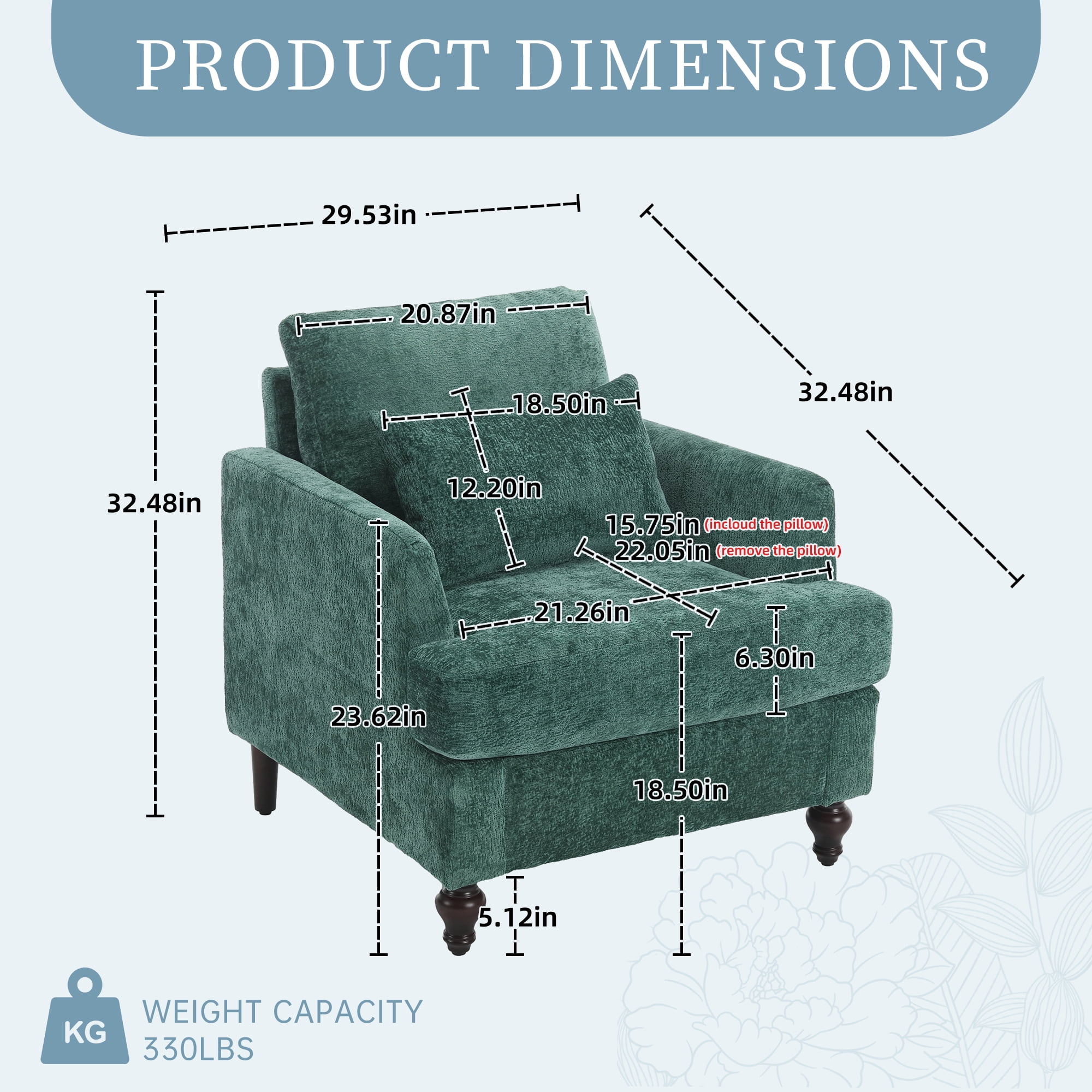 MOONMISS Chenille Upholstered Mid Century Modern Wood Frame Armchair-EMERALD