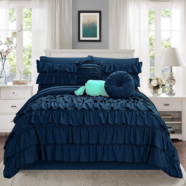 Mocassi 10-Piece Bed-in-a-Bag, Includes Bed Sheet with Double Sided Storage Pockets & Decorative Pillows, Multi-Ruffle Comforter, King, Navy