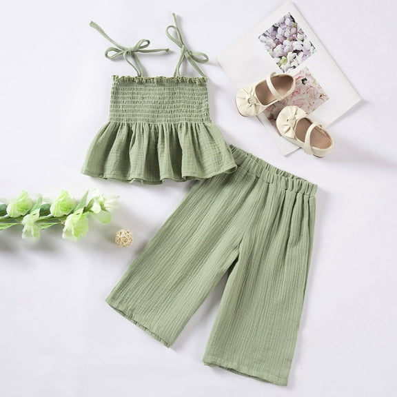 SNKSDGM 4Th of July Summer Outfits for Girls Summer Clothes Toddler Girl Camisole Outfit Baby Linen Lace Smocked Sleeveless Tank Top Pants Set 1 6Y 12-18 Months