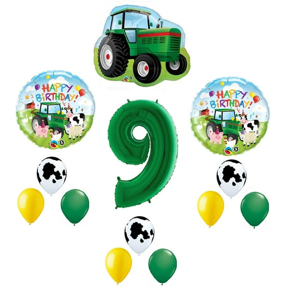 Farm Tractor 13 Piece #9 9th Green Happy Birthday Balloon Bouquet Party Decoration