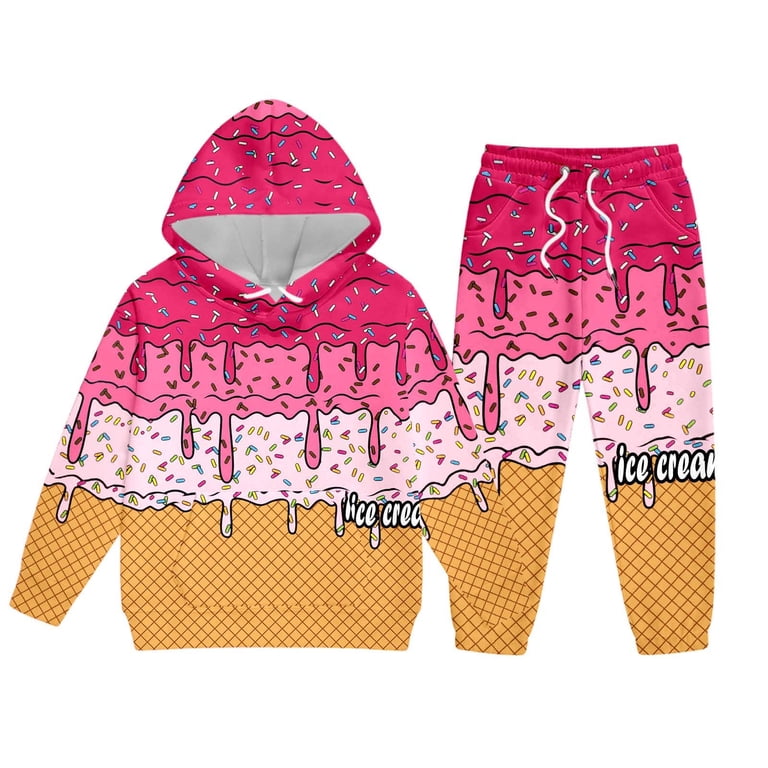 WOYY Toddler Girls Outfit Set Ice-Cream Print Hoodie Sweatpants 