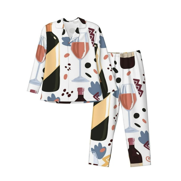 Balery Wine Bottles Glasses Pijama para Hombre de Dos Piezas con Manga Larga, Conjunto de Dormir y Descanso Suave con Bolsillos-Medium