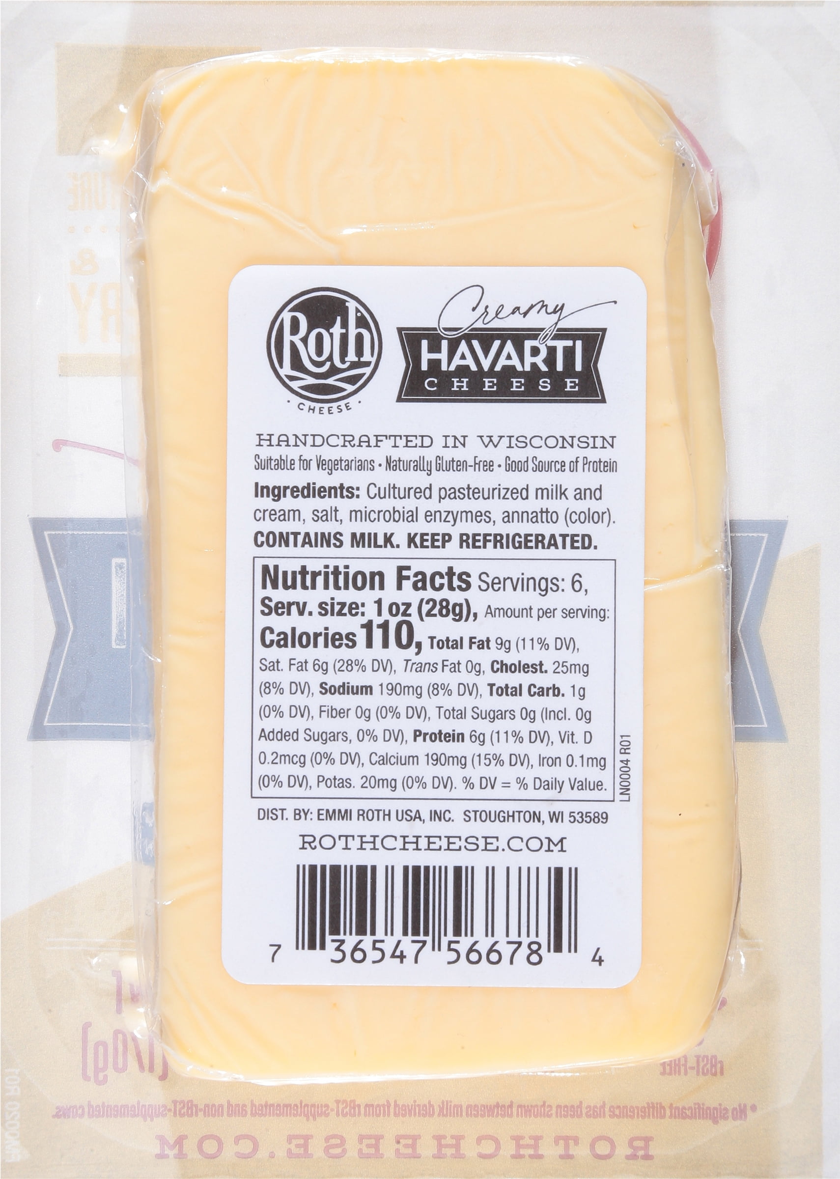 Roth Gluten Free Block Creamy Havarti Cheese, 6 oz Fresh Plastic Wrapped