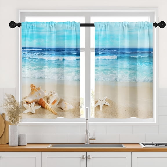 AUQ Beach Sea Shells Ocean Kitchen Curtains,Summer Starfish Tropical Short Window Curtains Set of 2,Window Treatment Tier Curtains for Kitchen Over Sink Bathroom Dining Room Decor (26x36")