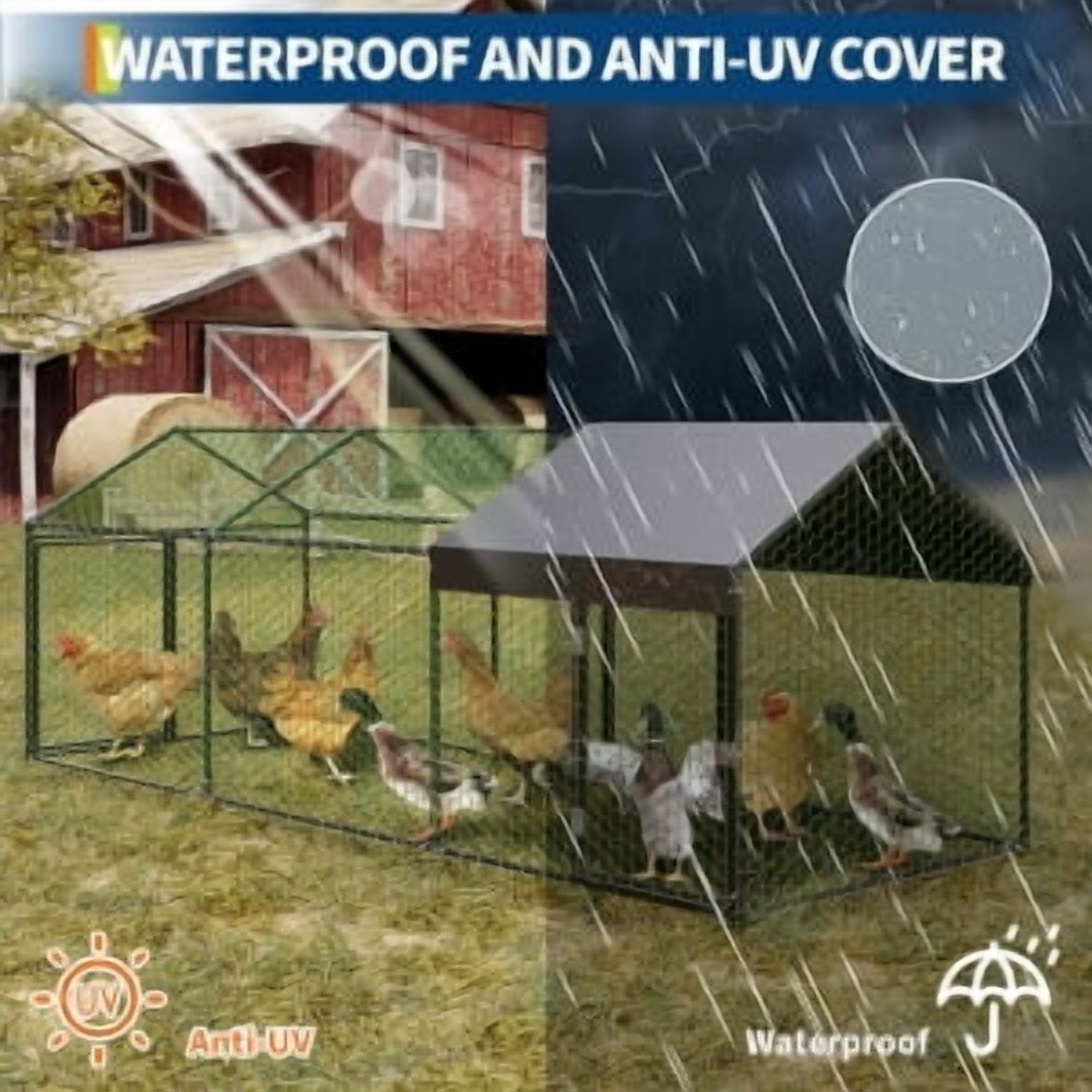 Soonbuy Metal ChickenCoop, Large Chicken Run with 3 Doors, Outdoor Hen House for Yard with Waterproof and Anti-UV Cover, Walk in Poultry Cage for Rabbit Duck Goose