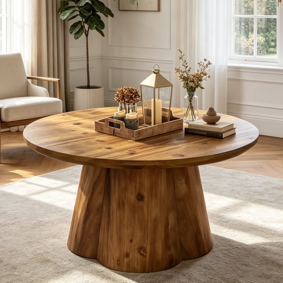 Fnova 31.5 Inch Solid Wood Round Coffee Table, Farmhouse Pedestal Center Table, Accent Cocktail Table for Living Room, Small Spaces, Apartment, Brown