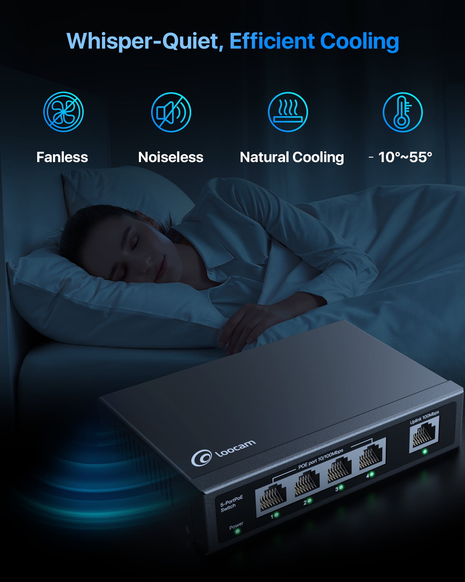 Loocam 5-Port PoE Switch with 4-10/100Mbps PoE Ports, 1-10/100Mbps Uplink Port, Unmanaged Fast Ethernet Network Switch, Plug and Play