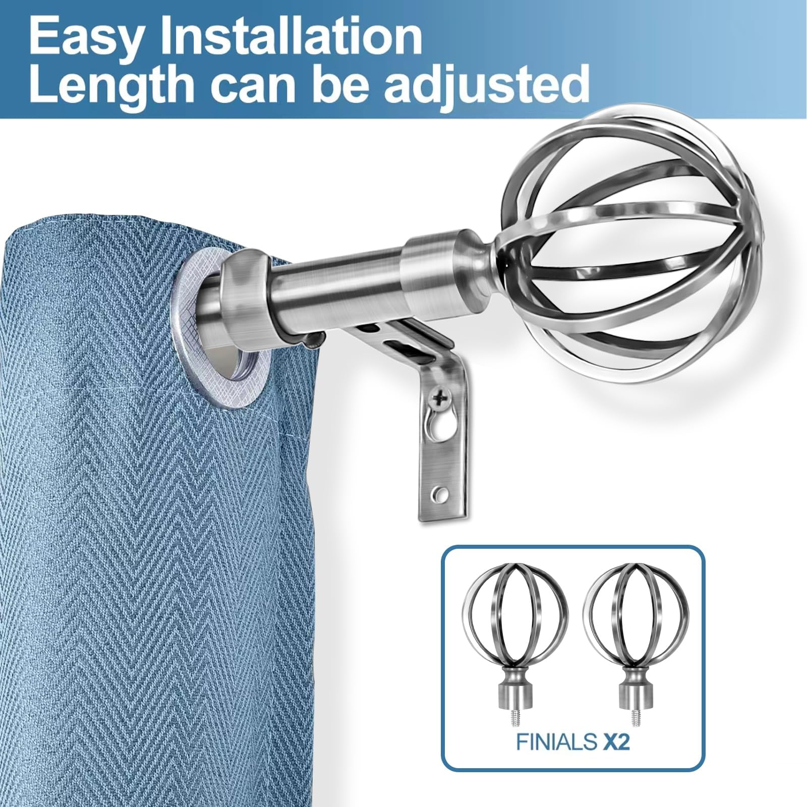 Urbanest 3/4" Diameter Designer Steel Cage Single Curtain Rod – Heavy Metal Decorative Finials, Drapery Hardware for Window Treatments, 28" to 48", Nickel Brushed Steel