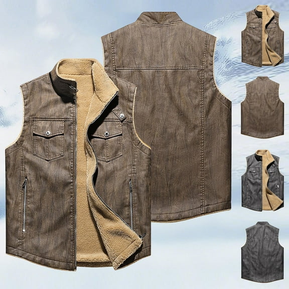 FRSASU Men's Classic Leather Vest Casual Jacket Motorcycle Thickened Warm Vest with Wool Liner Gray