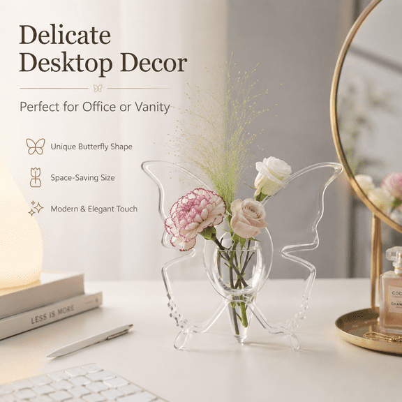 Creative Butterfly Vase - Minimalist Fresh Home Decor Living Room Tabletop Vase for Flower Arrangements Cute Unique Vase Insertion Festive Accent Piece, Clear, 1pc