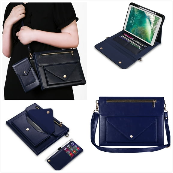 ELEHOLD Leather Bag Case for iPad Pro 11" 2022/2021/2020/2018 iPad Air 5/4 10.9" with Card Slots Zipper Storage Kickstand Function Crossbody Shoulder Strap Handstrap Phone Bag Luxury Bag Case,Blue
