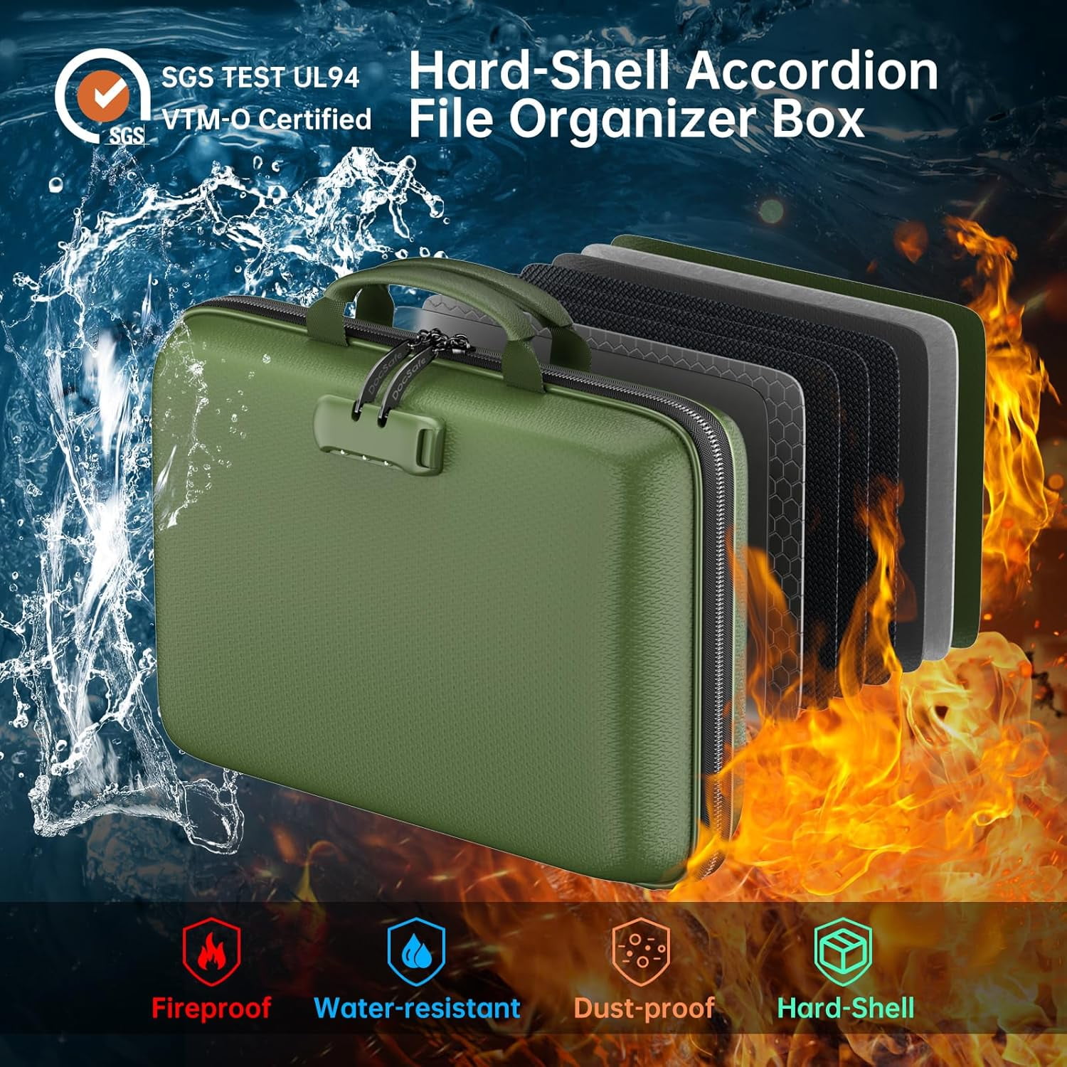 Fireproof File Organizer with Lock, Hard-Shell Case Fireproof Document Box with 13 Pocket Accordion File Folder, Portable Home Office Travel Safe Storage for Important Documents Laptop Green