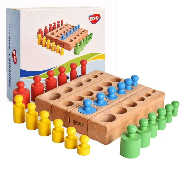 Bloques cilíndricos con pomos Montessori BOHS, 6 clavijas, 17 cm, 4 unidades