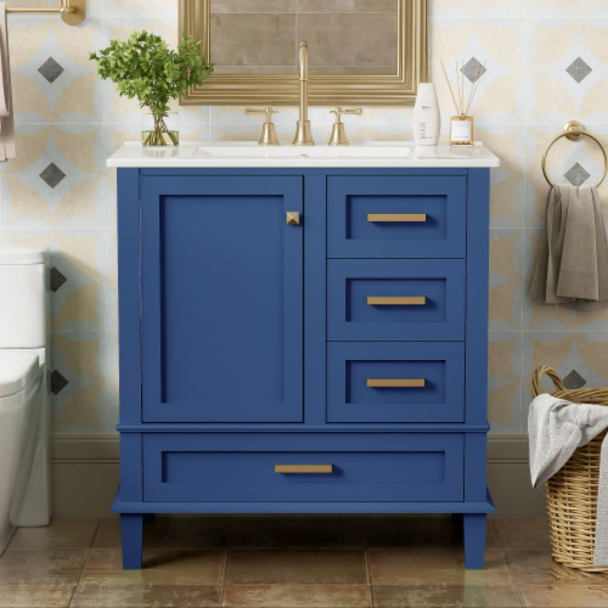 30" Bathroom Vanity with Ceramic Sink, Freestanding Bathroom Cabinet, Soft Close Door, 3 Drawers, Solid Wood Frame, Blue
