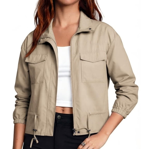 NAYTOAO Women's Cropped Utility Jacket, Zip Up Lightweight Outerwear with Flap Pockets