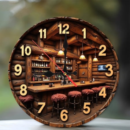 Rustic Wooden Bar Clock Wall Decor,Unique Cabin Style Home Decor 10-Inch Silent Wooden Wall Clock, Battery Operated (AA Batteries Not Included), Artistic Home Decor