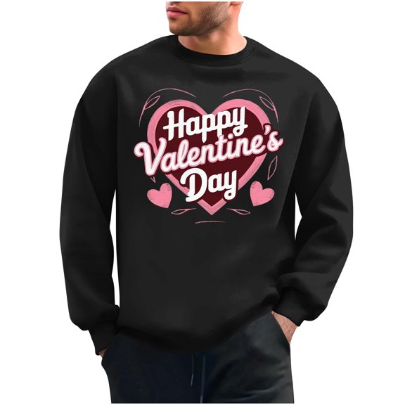 Goodeals 2025 Happy Valentine's Day Sweatshirts for Men Gift for His Love Heart Printed Graphic Pullover Sweatshirt Cute Long Sleeve Crew Neck Casual Tops(Black,L)Clearance