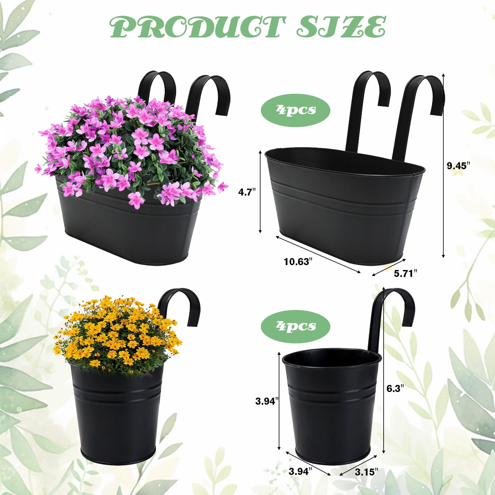 SPOKKI 8Pcs Metal Iron Hanging Flower Pots for Railing,with Detachable Hooks and Drain Holes Oval Hanging Pots Fence Planters for Railing Garden Fence (4pcs 10.6inch+4pcs 4inch