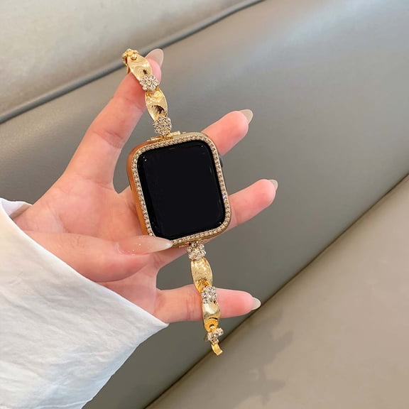 Band for Apple Watch 38/40/41/42mm(S10) for Women Girls, Sparkly Diamond Flower Metal Strap for iWatch Series 10 9 8 7 6 5 4 3 2 1 SE Ultra Elegant Stylish Bracelet Strap, Gold