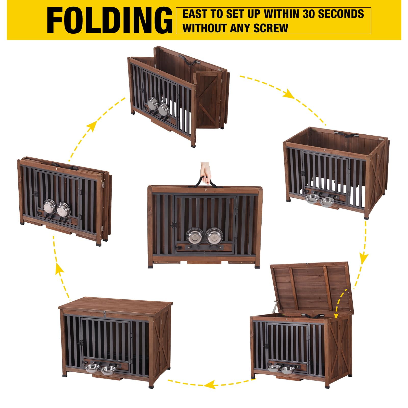Aivituvin Folding Dog Crate Furniture Portable Metal Dog Kennel with Bowls & Tray, Dog Crate for Small & Medium Dogs with Opening Roof, Brown