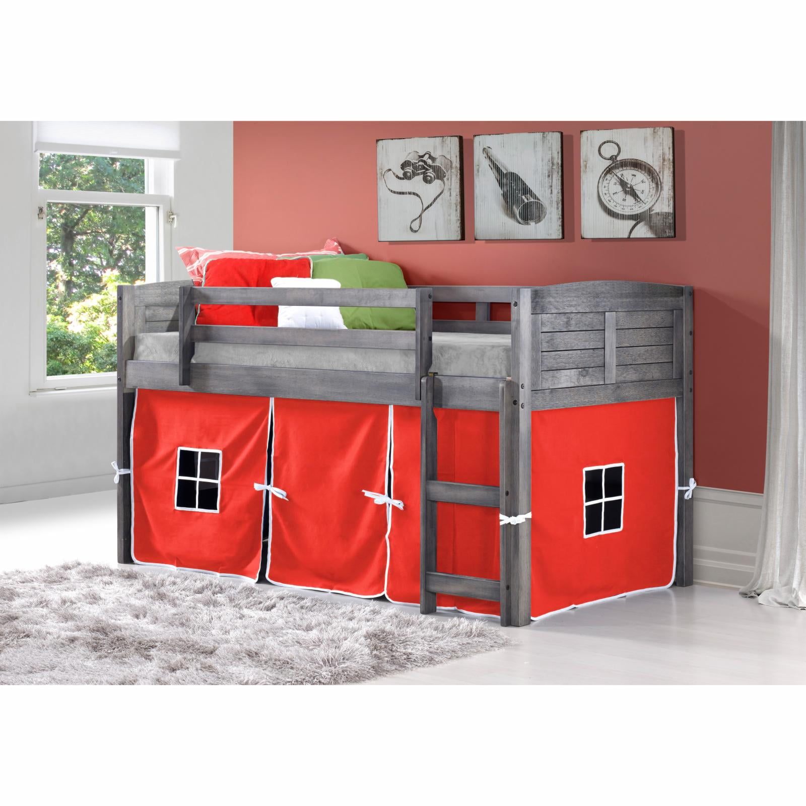 Donco Kids Louver Twin White Low Loft Bed with Red Tent, Twin, White