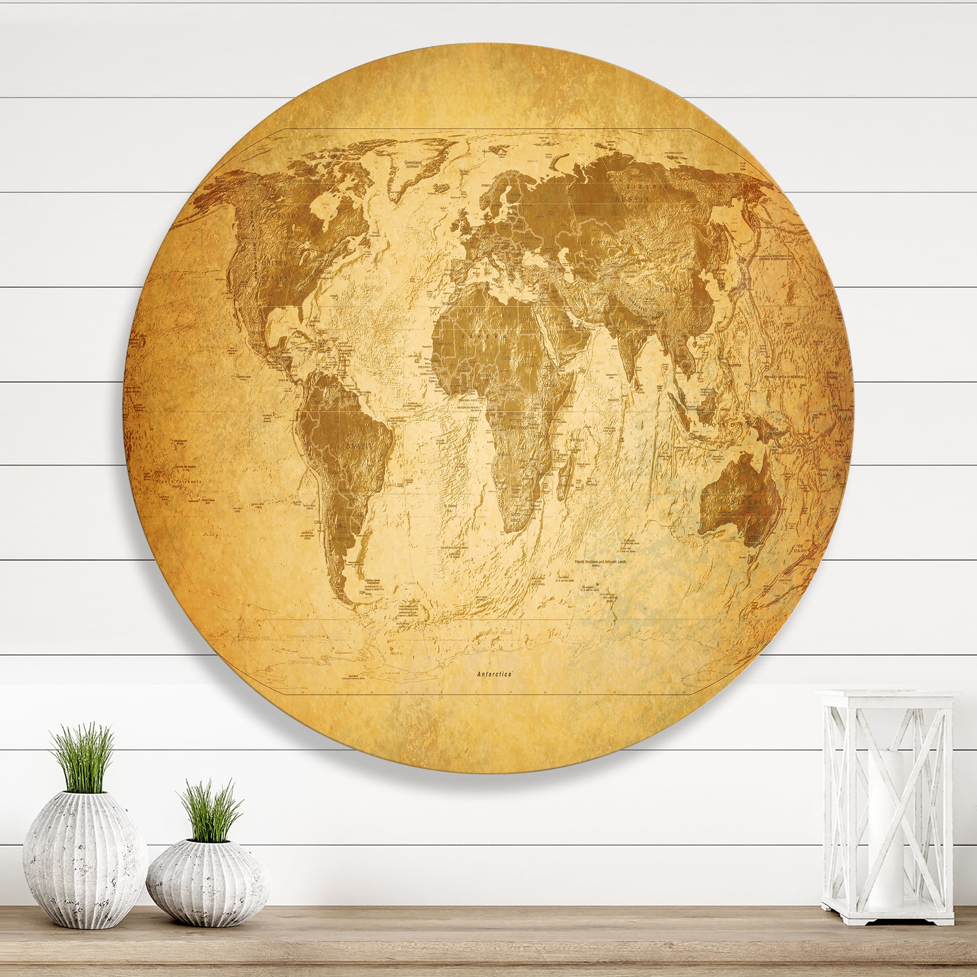 Designart 'Ancient World Map X' Vintage Circle Metal Wall Art 11x11 - Disc of 11
