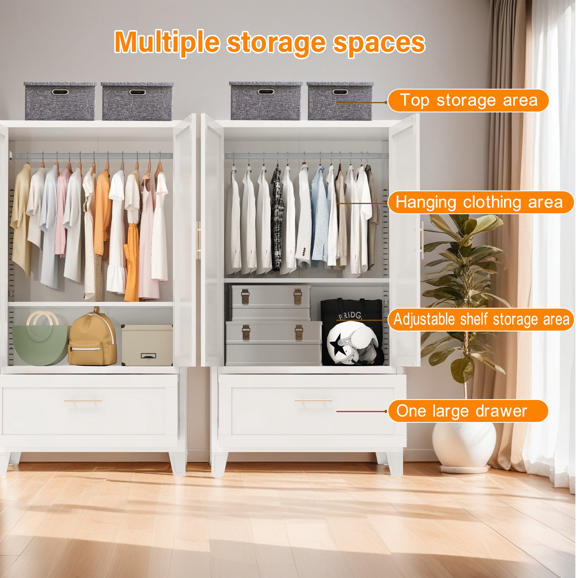 Homy Casa 60" Freestanding Armoire Wardrobe Closet with Doors, Drawer for Bedroom, White Storage Cabinet