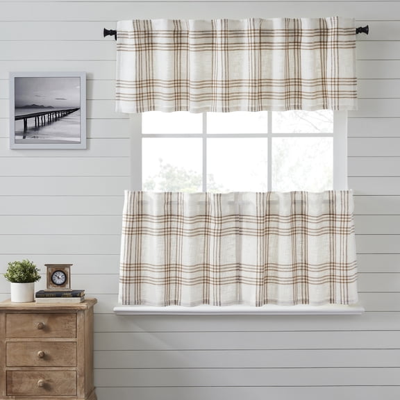 VHC Brands Wheat Plaid 3 PC Golden Tan Curtain Set (1 Valance 19x72 and 2 Tier 24x36)