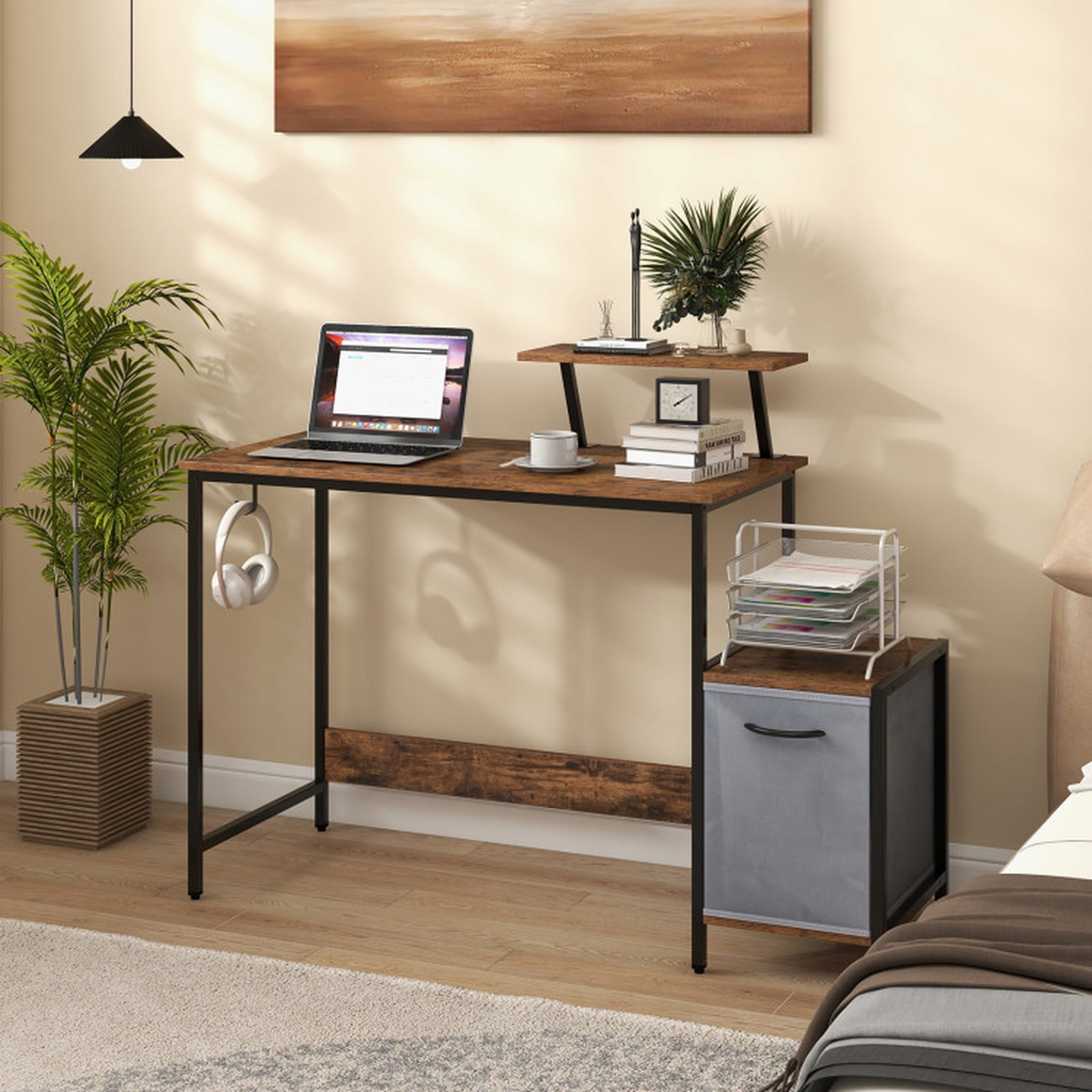 Furnibear Industrial Computer Desk with Reversible Fabric Storage Drawer, Moveable Shelf and USB Charging Station Brown
