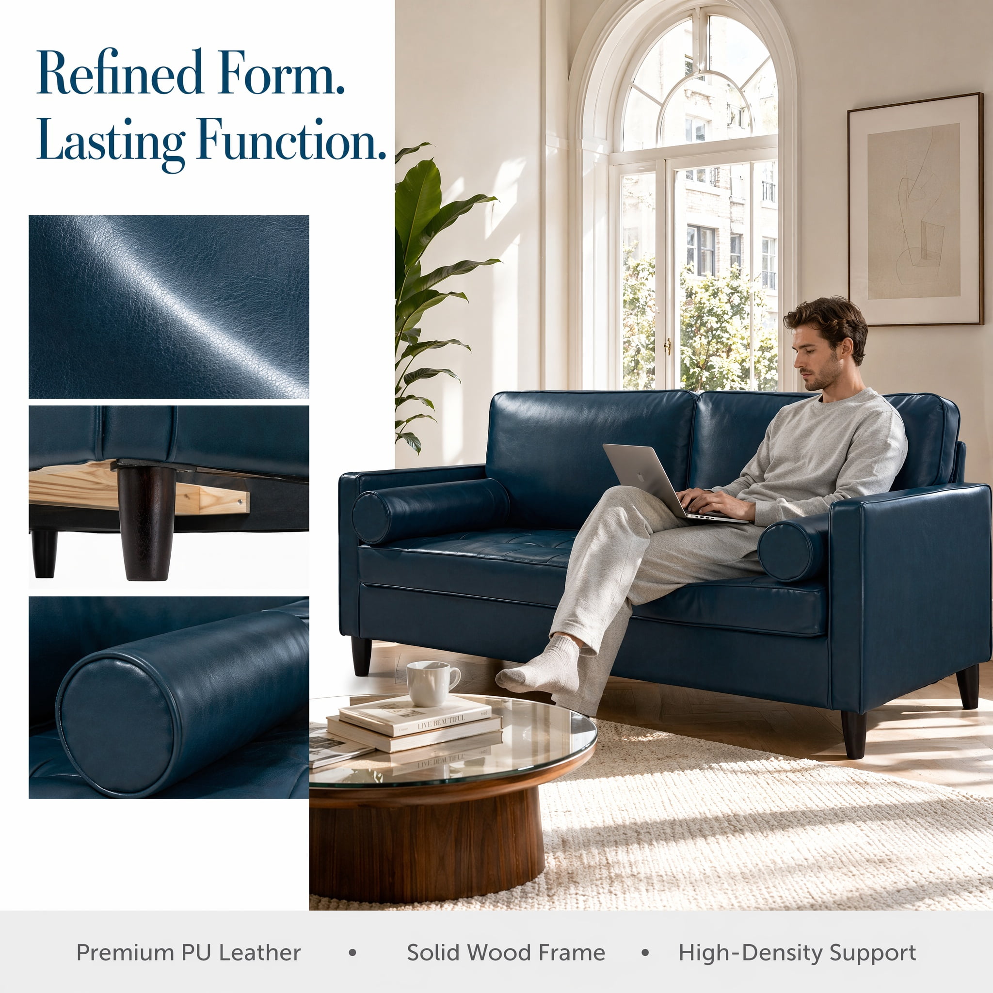 Leumius 74.5"W 3-Seater Sofa Loveseat Sofa Faux Leather Breathable Upholstered Sofa Couch with Solid Wood Legs for Living Room, Apartment & Office,Navy Blue