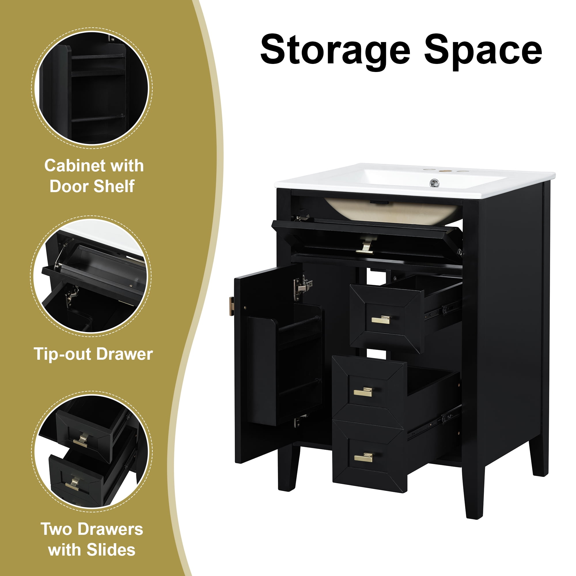 24" Bathroom Vanity with Sink, MDF & Rubberwood Construction, 3 Drawers & Cabinet with 2-Tier Door Storage Rack, Soft-Close Door & Drawers, Modern Design for Small to Medium Bathrooms