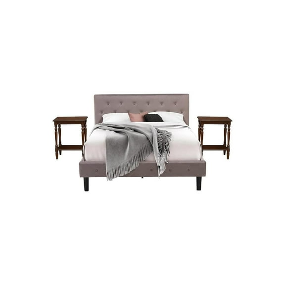 Homestock Victorian Elegance 3 Piece Bedroom Set - Button Tufted Platform Bed - Fabric Upholstered Headboard And A Nightstand-Color:Antique Mahogany/Taupe,Size:Queen