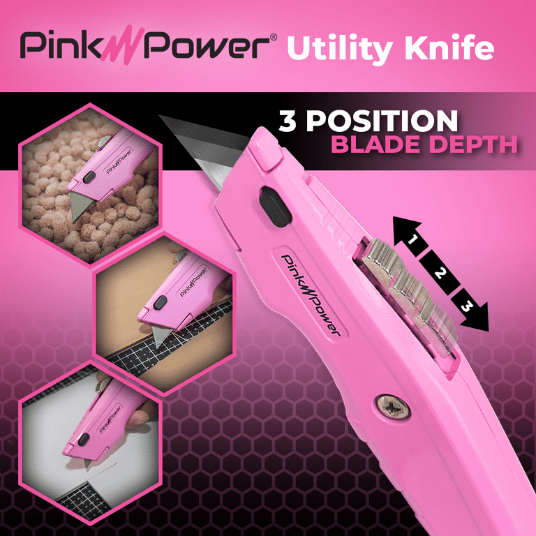 Pink Power Box Cutter - Utility Knife - Box Cutter Retractable - Heavy Duty Box Cutter with 3 Blades
