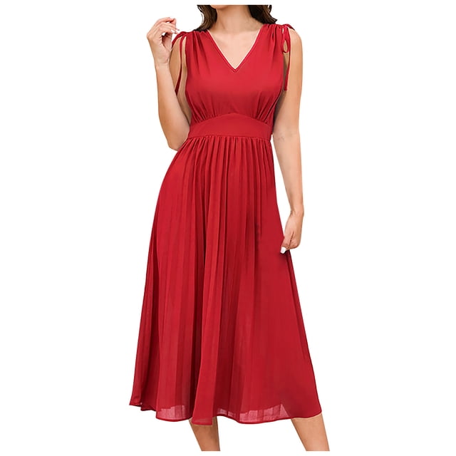 Yuyuzo Robes pour Femmes 2025 Invitée de Mariage Col en V Sans Manches Plissée Robe Formelle Taille Haute Robe Décontractée pour le Travail Cocktail