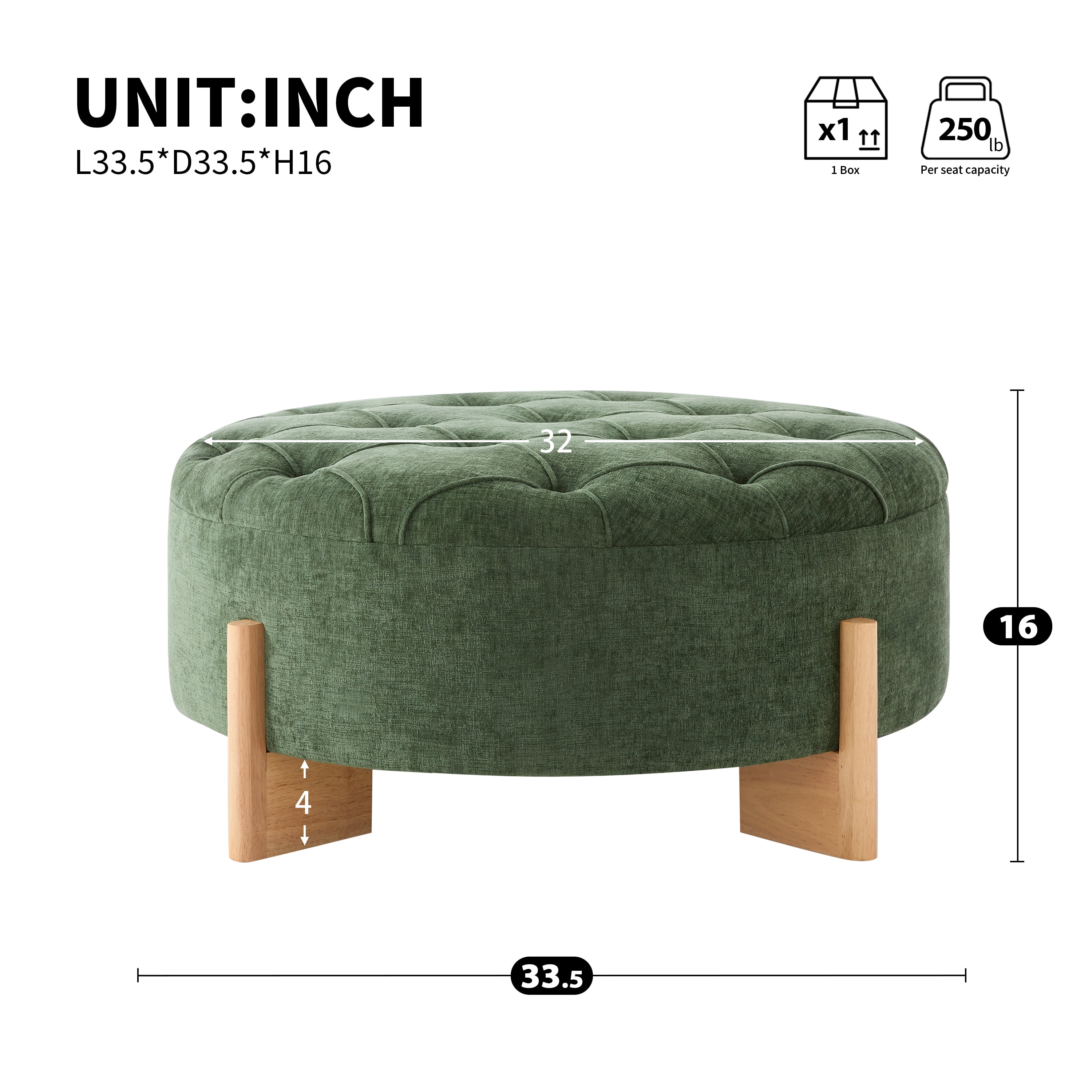 Ottoman, Footrest, Coffee Table, Round Tufted Stool with Sturdy Solid Wood L-Shaped Legs and Classic Piping Design, Chenille Fabric, for Living Room, Green