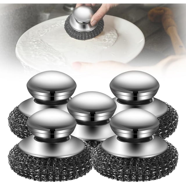Upgraded Stainless Steel Wool Scrubber with Handle - Multi-Pack Replacement Scrubber Pads, Detachable for Dishes, Iron Pots, Stoves (2PCS)