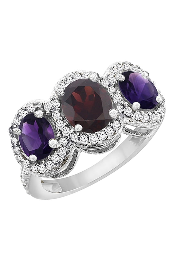10K White Gold Natural Garnet & Amethyst 3-Stone Ring Oval Diamond Accent, size 8