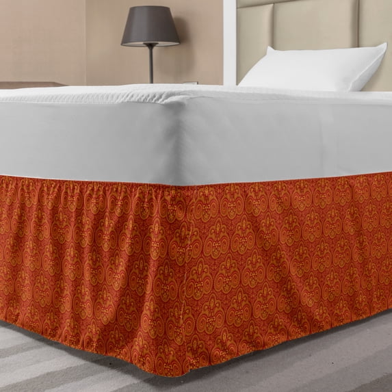 Ethnic Bed Skirt, Repetition Traditional Oriental Swirling Ornaments in Warm Colors, Elastic Bedskirt Dust Ruffle Wrap Around for Bedding Decor, 4 Sizes, Vermilion Orange, by Ambesonne