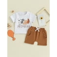 thumbnail image 3 of Aojekbee Toddler Boys Summer Shorts Sets Short Sleeve Letter Chick Print Tops and Drawstring Shorts Sets, 3 of 10