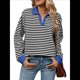 thumbnail image 3 of Sudaderas A Rayas de Talla Grande para Mujer, de Larga, con Cuello de Solapa, Informales, Suaves, Tipo Pulóver, Camisetas Negro S, 3 of 10