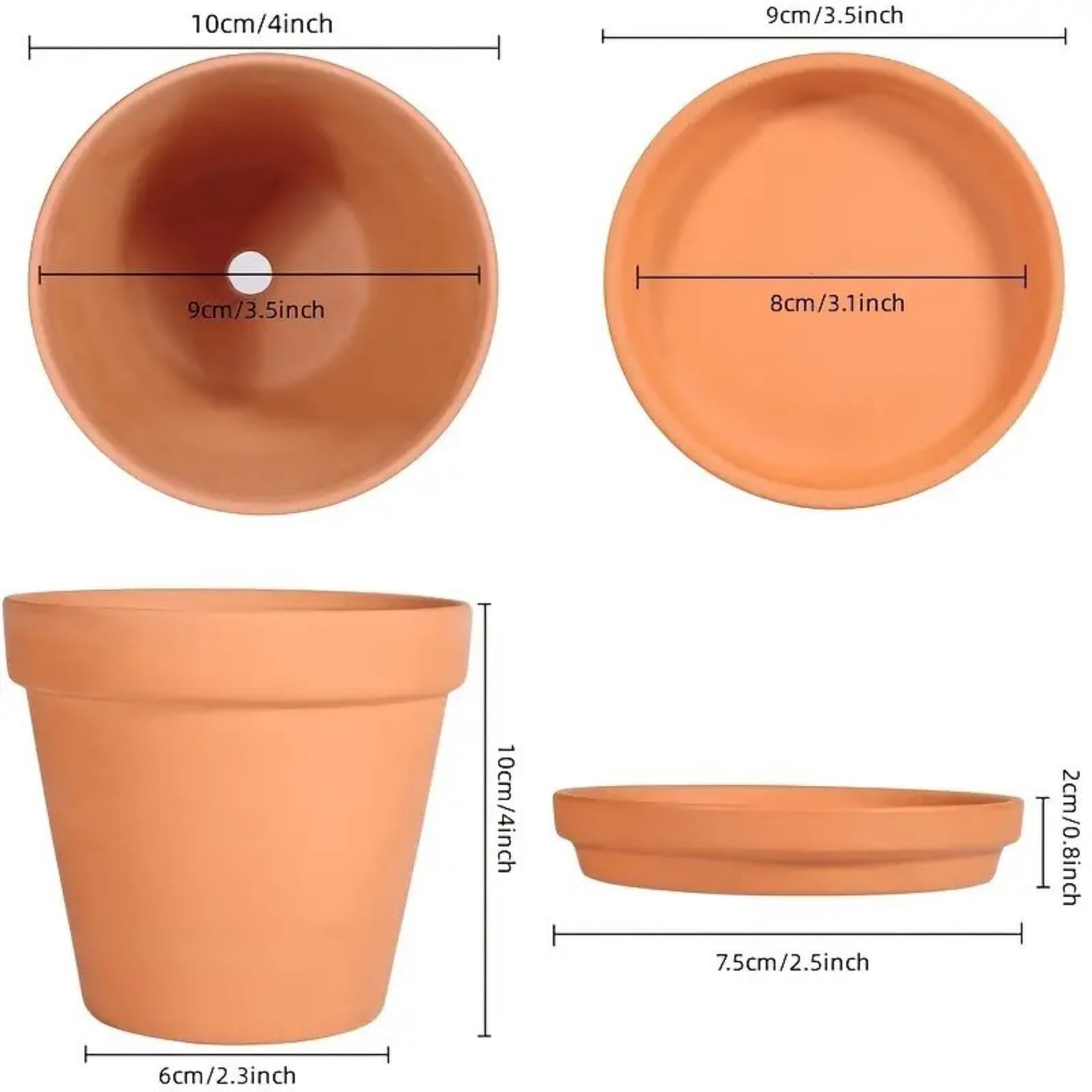 4pcs Terracotta Pots 4 Inch (4 Pack), Clay Pots for Plants with Drainage Hole and Saucer, Flower Pot with Tray, Large Terracotta Pot for Indoor Outdoor Plant