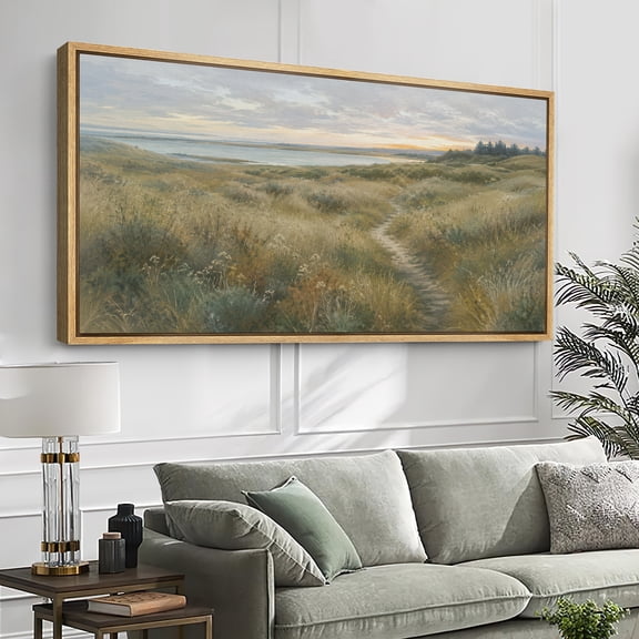 Large Framed Canvas Wall Art Soft Meadow Landscape With Winding Path And Coastal Print for Living Room Decoration - 60"x30" Natural Frame
