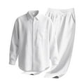 thumbnail image 4 of Men 2 Piece Linen Outfit Beach Button Down Long Sleeve Shirt Casual Loose Pant Sets Vacation Texture Linen Sets for Men (XXL, White), 4 of 4